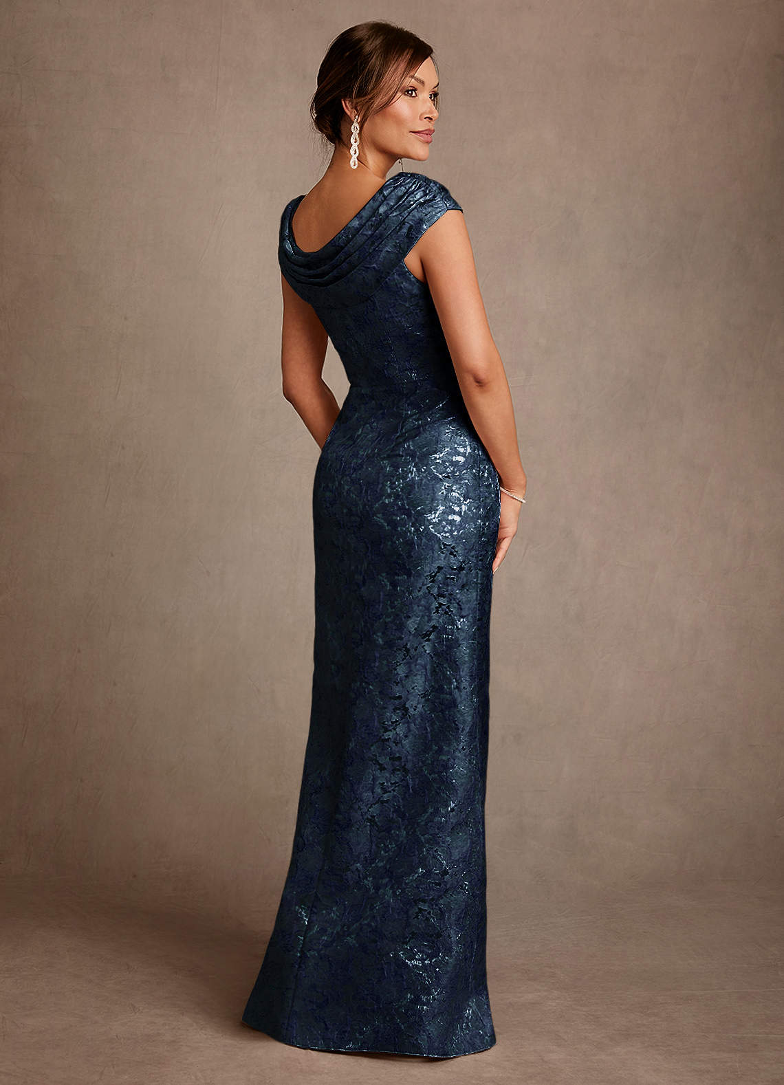Azazie Irvine Mother of the Bride Dresses Dark Navy A-Line Pleated Floral Jacquard Dress image1