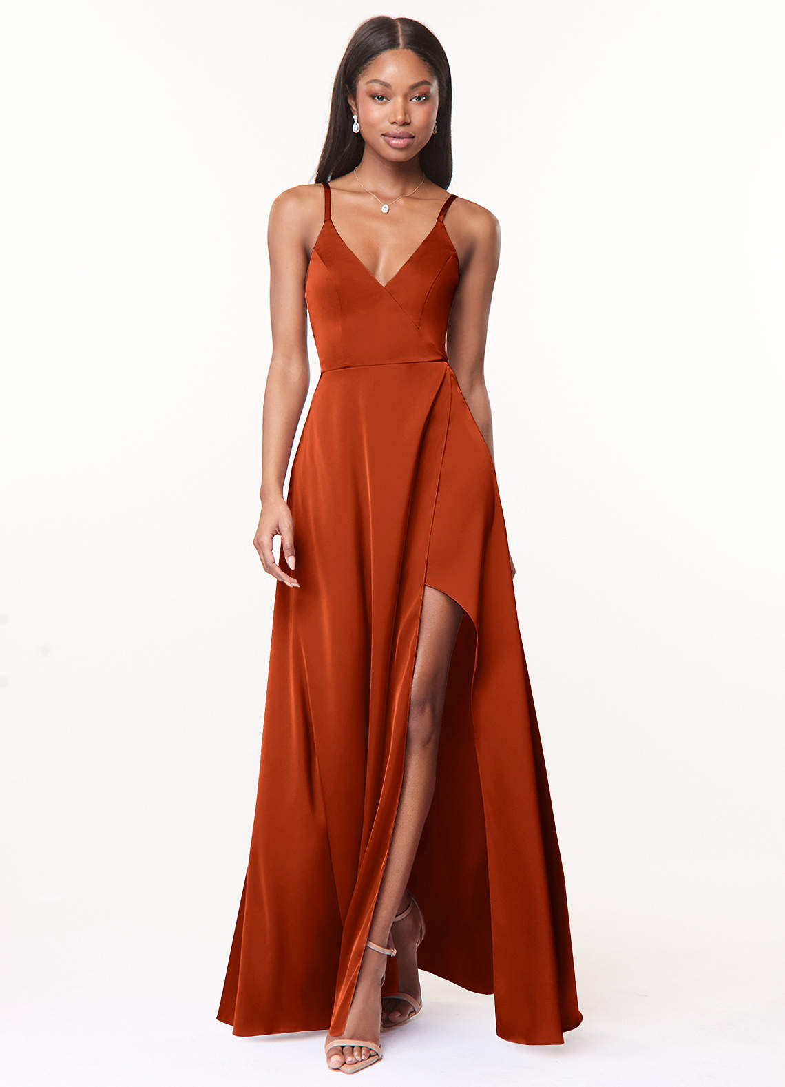 Azazie Maksim Bridesmaid Dresses Paprika A-Line V-Neck Stretch Satin Dress image1
