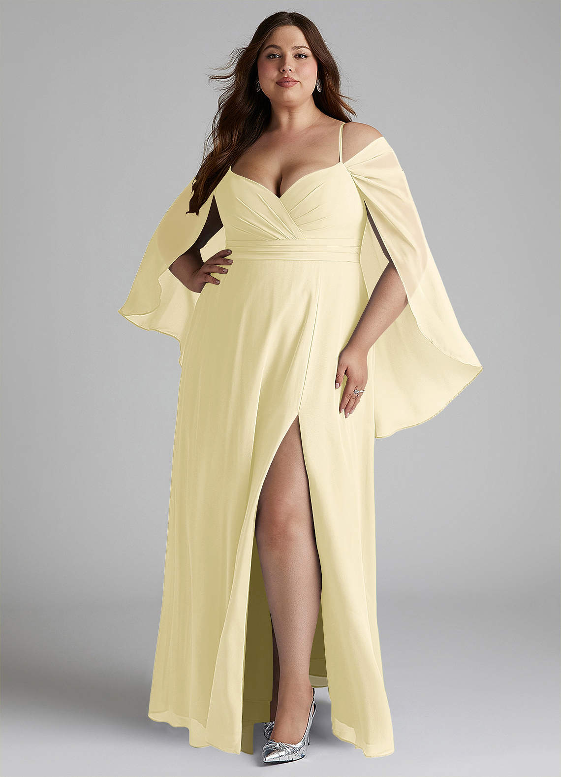 Azazie Cienna Robes de demoiselle d'honneur Robe Trapèze en Mousseline de soie Manche longue Sorbet Citron image1