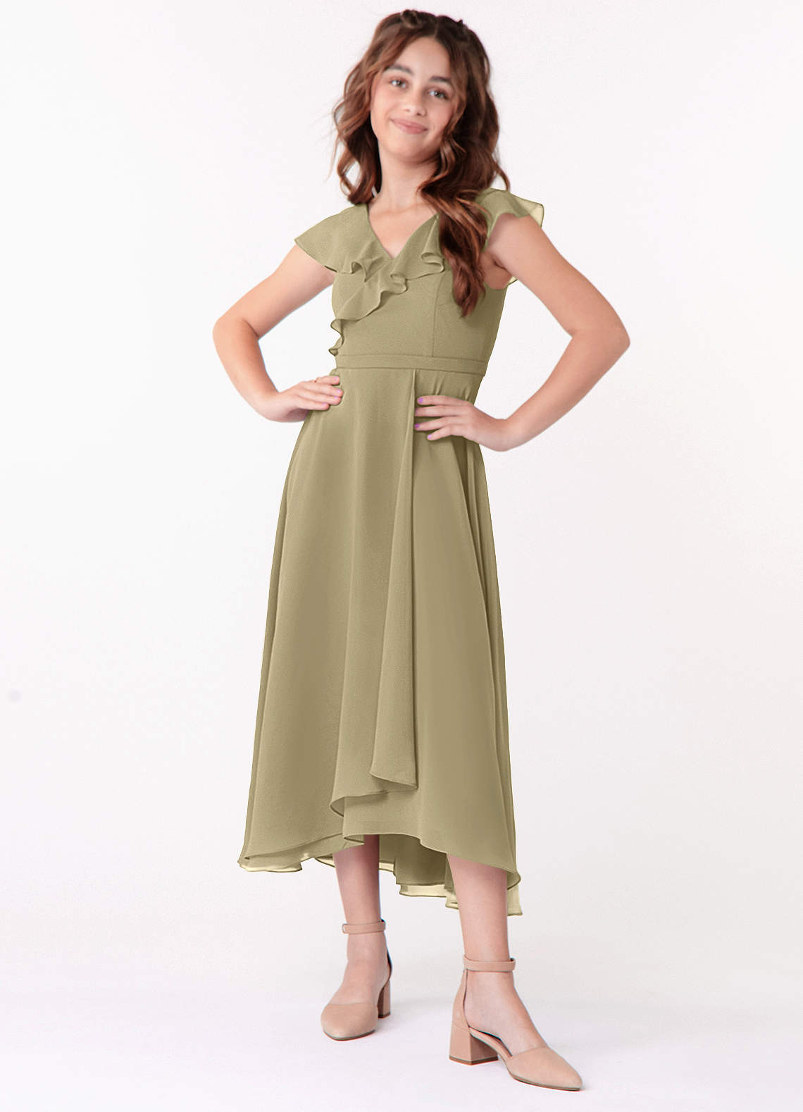 Azazie Posie Junior Moss Green A-Line Ruched Chiffon Dress image1
