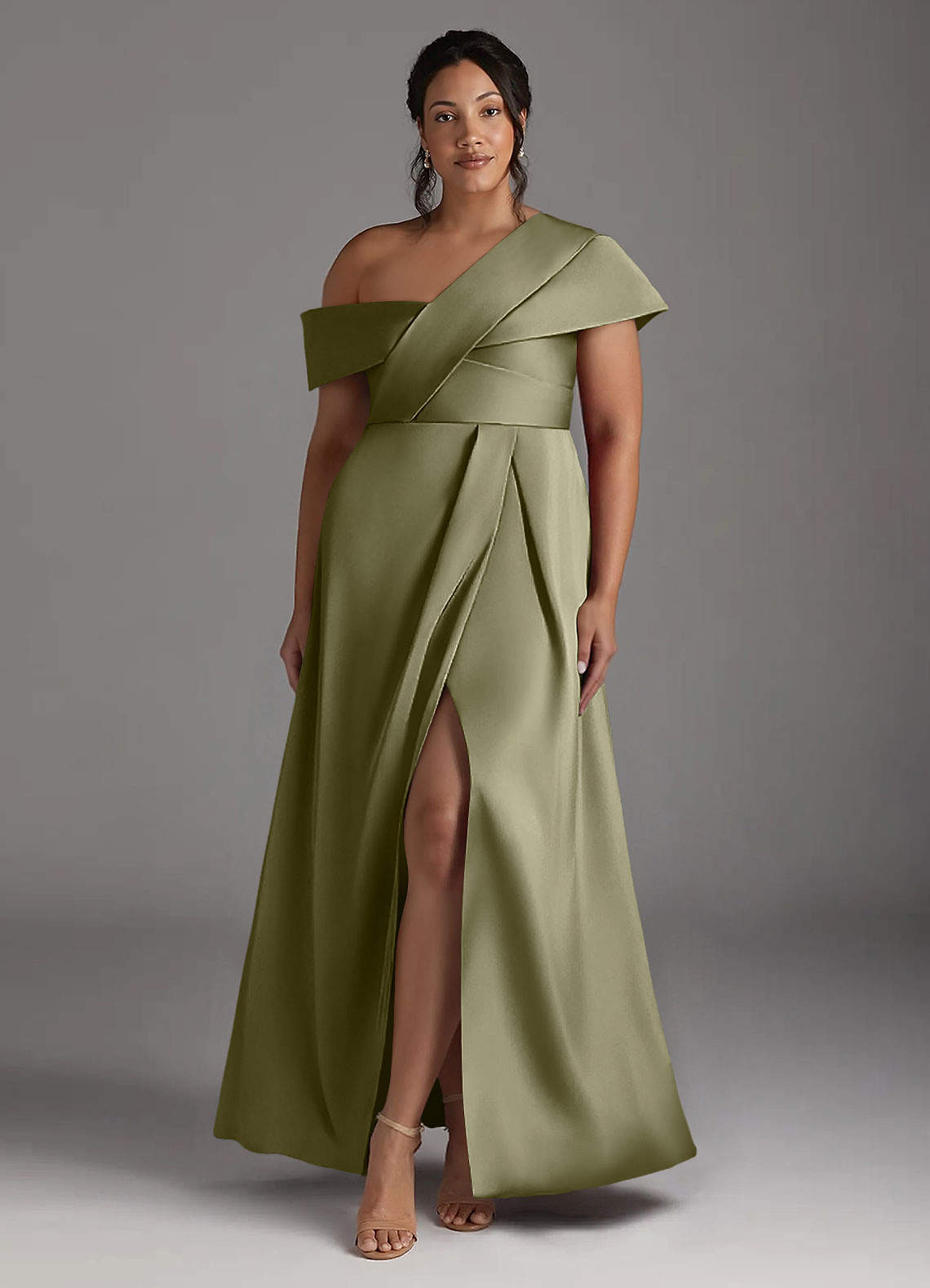 Azazie Milton Mother of the Bride Dresses Pistachio A-Line Pleated Stretch Satin Dress image1