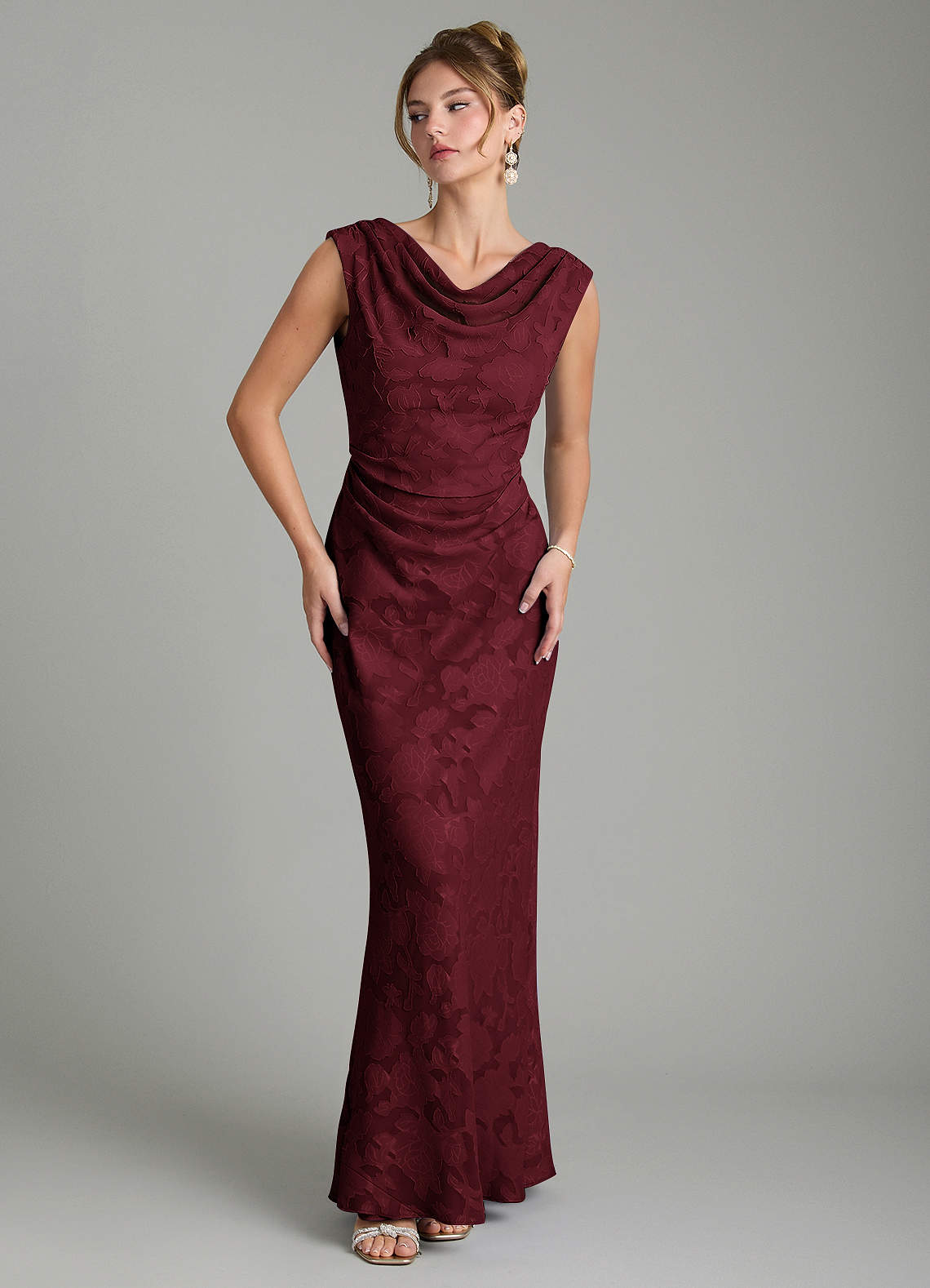 Azazie Kieryn Bridesmaid Dresses Cabernet Mermaid Pleated Floral Burnout Dress image4