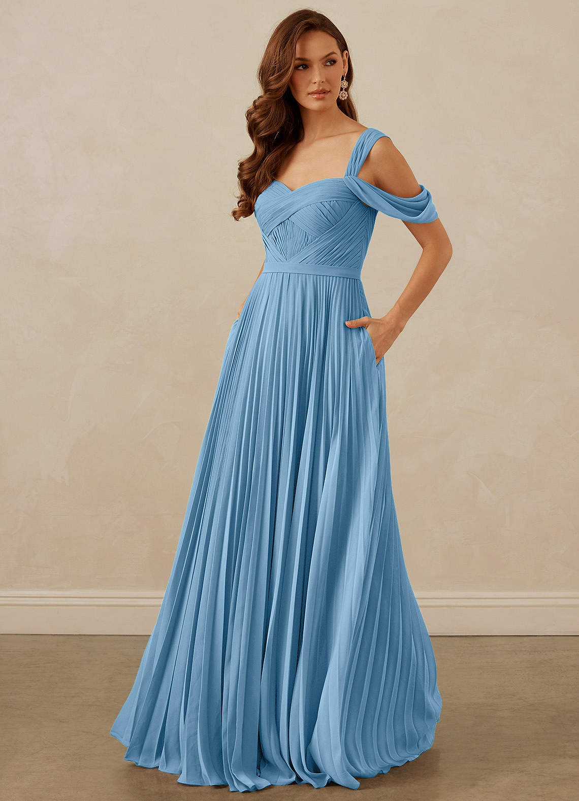 Christian Siriano Bridal for Azazie 1013 Bridesmaid Dresses Steel Blue A-Line Off the Shoulder Chiffon Dress image1