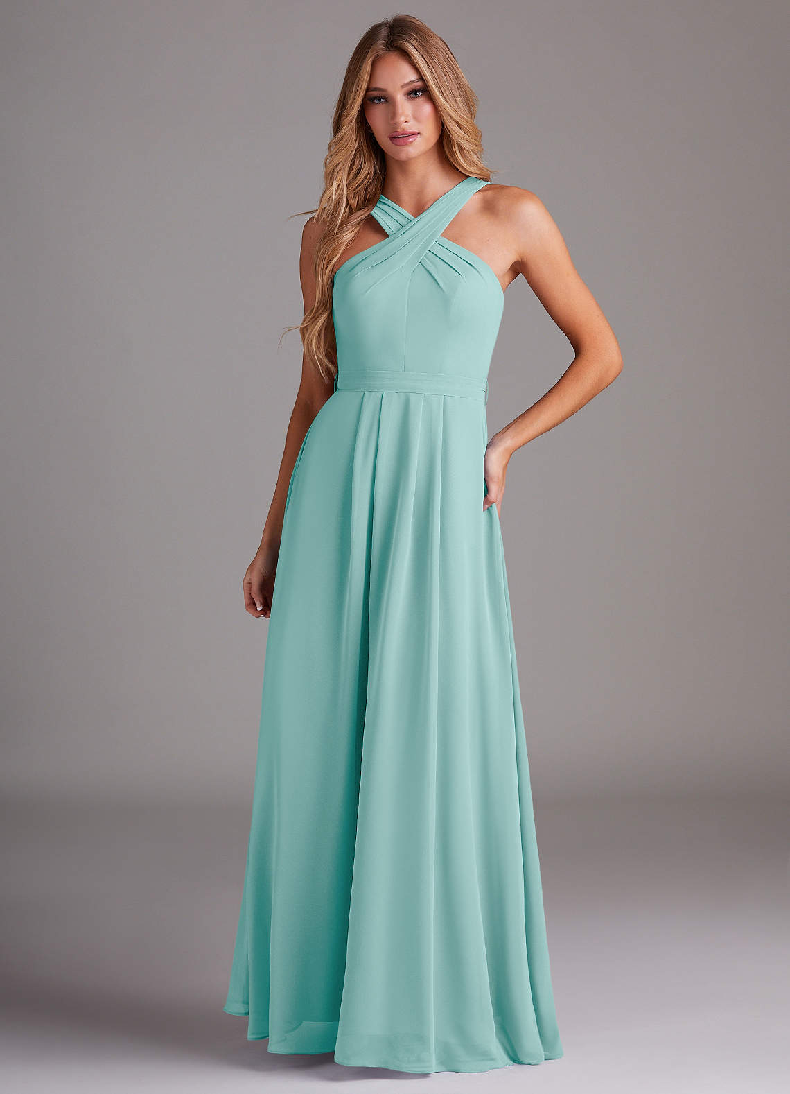 Azazie Dixie Jurken voor bruidsmeisjes Jurk van Chiffon met A-Lijn Houder Gevouwen Aqua image1