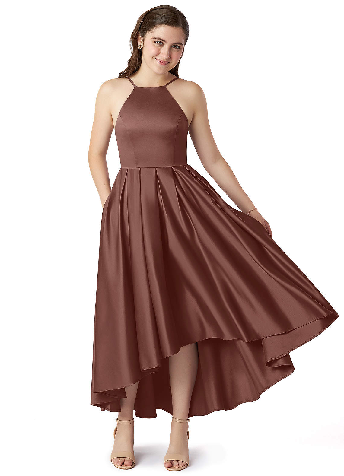 Azazie Jemima Junior A-Linie mit Taschen Stretch-Satin Kleid Espresso image1
