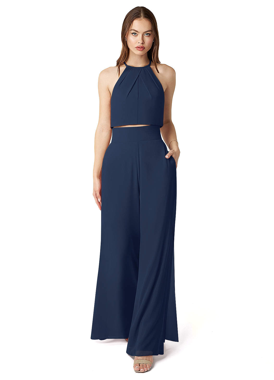 Azazie Kenzi Bridesmaid Dresses Dark Navy Pleated Chiffon Jumpsuit image1