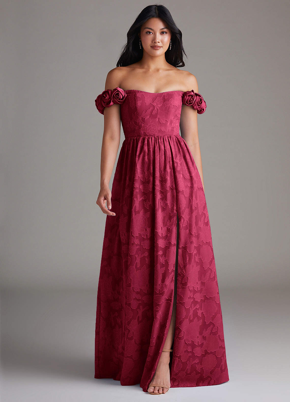 Azazie Autumn Bridesmaid Dresses Burgundy A-Line Off the Shoulder Floral Burnout Convertible Dress image1