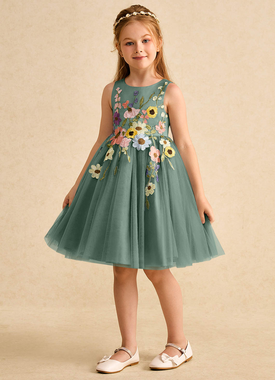 Azazie Prima Flower Girl Dresses Eucalyptus A-Line Bow Tulle Dress image4