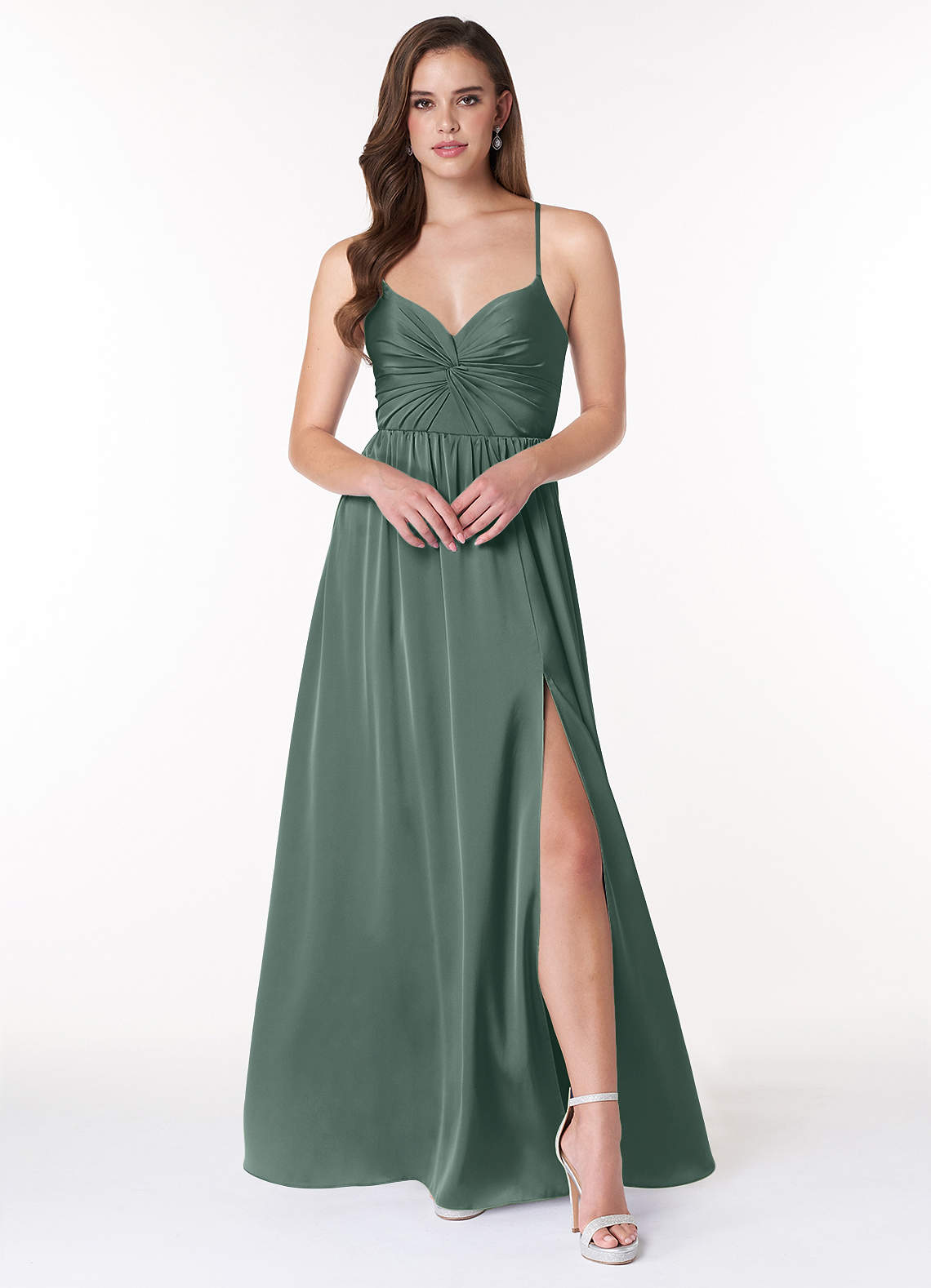 Azazie Raya Bridesmaid Dresses Sea Moss A-Line V-Neck Pleated Stretch Satin Dress image1