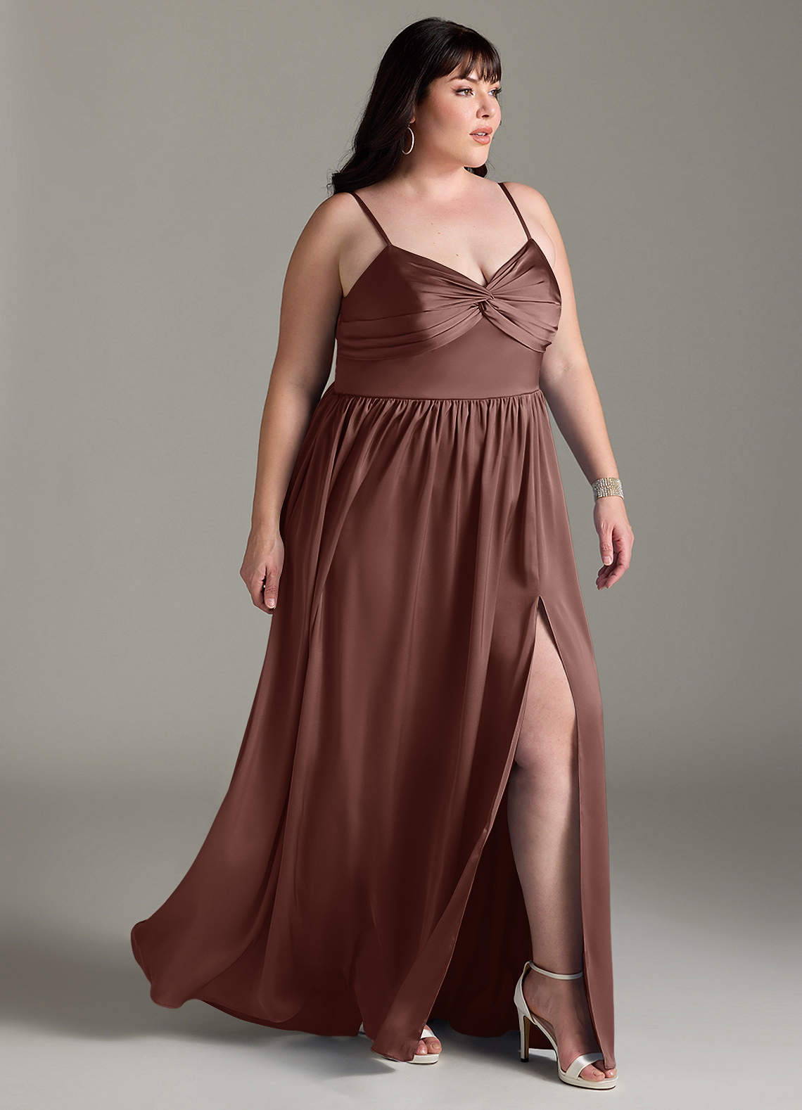 Azazie Zeya Vestidos de madrinha de casamento Vestir Café Expresso de Cetim elástico de Linha A com Plissado image11