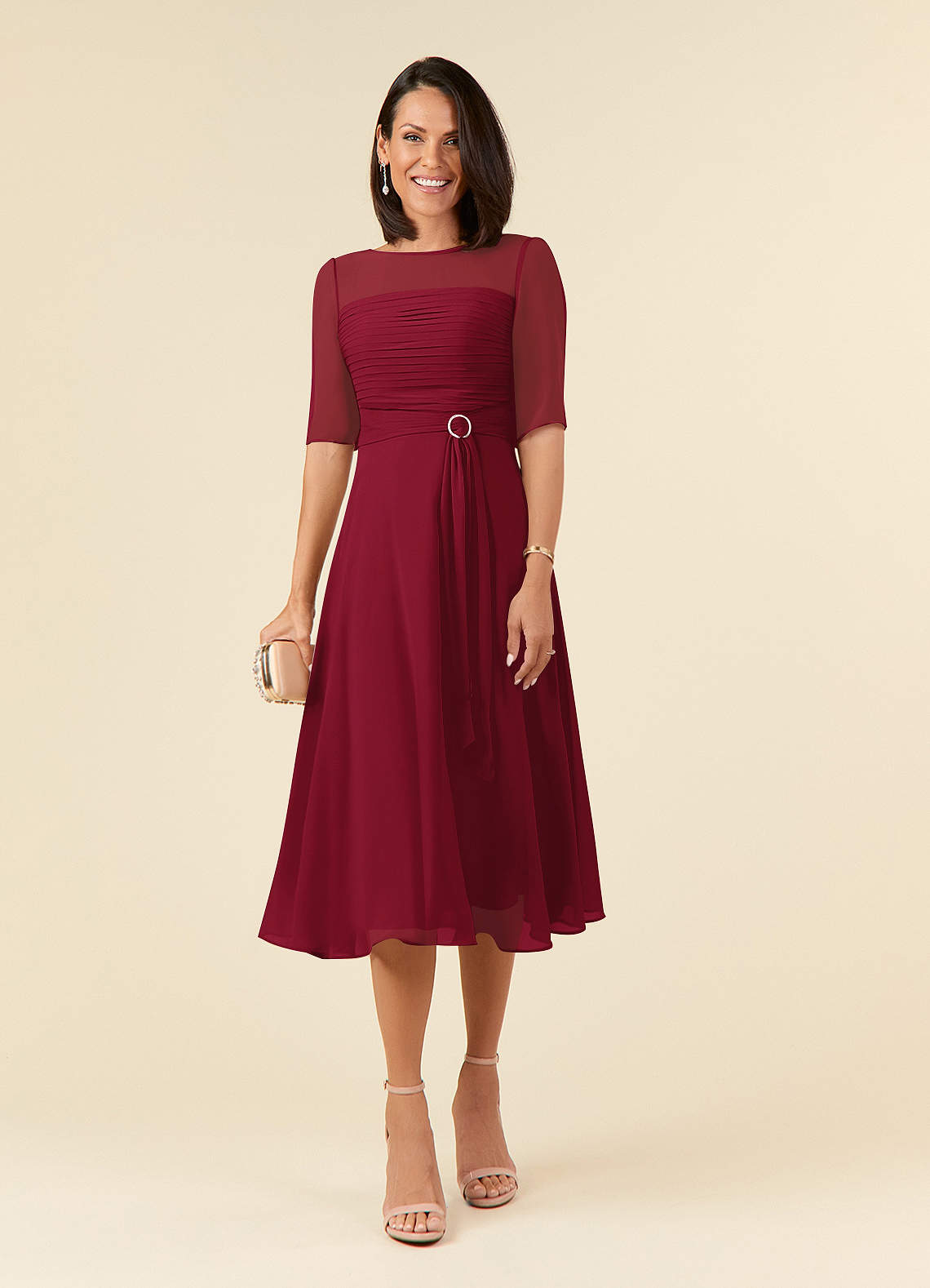 Azazie Naomi At-home Try On Dresses Burgundy A-Line Boatneck Pleated Chiffon Dress image1