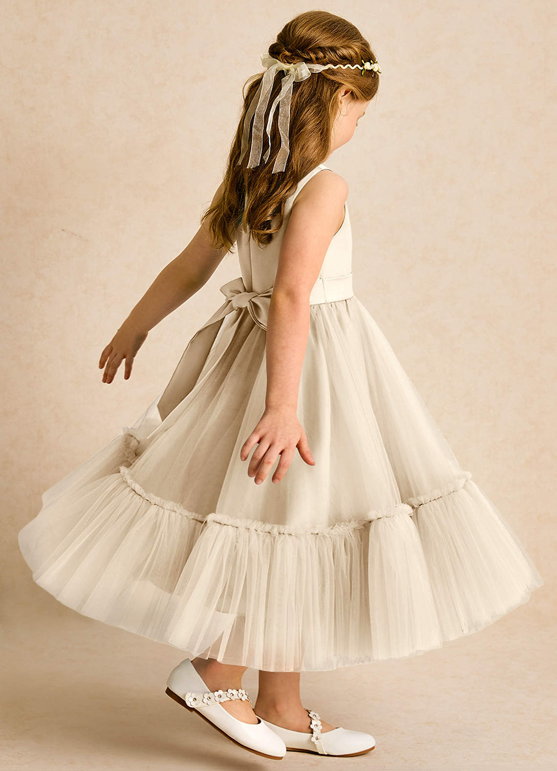 Azazie Miracle Flower Girl Dresses Champagne A-Line Bow Matte Satin Dress image4