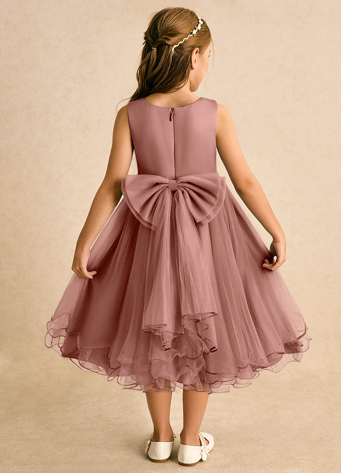 Azazie Lass vestidos de niña de las flores Vestido de Rosa De Cedro de Tul de Corte En A con Lazo image1