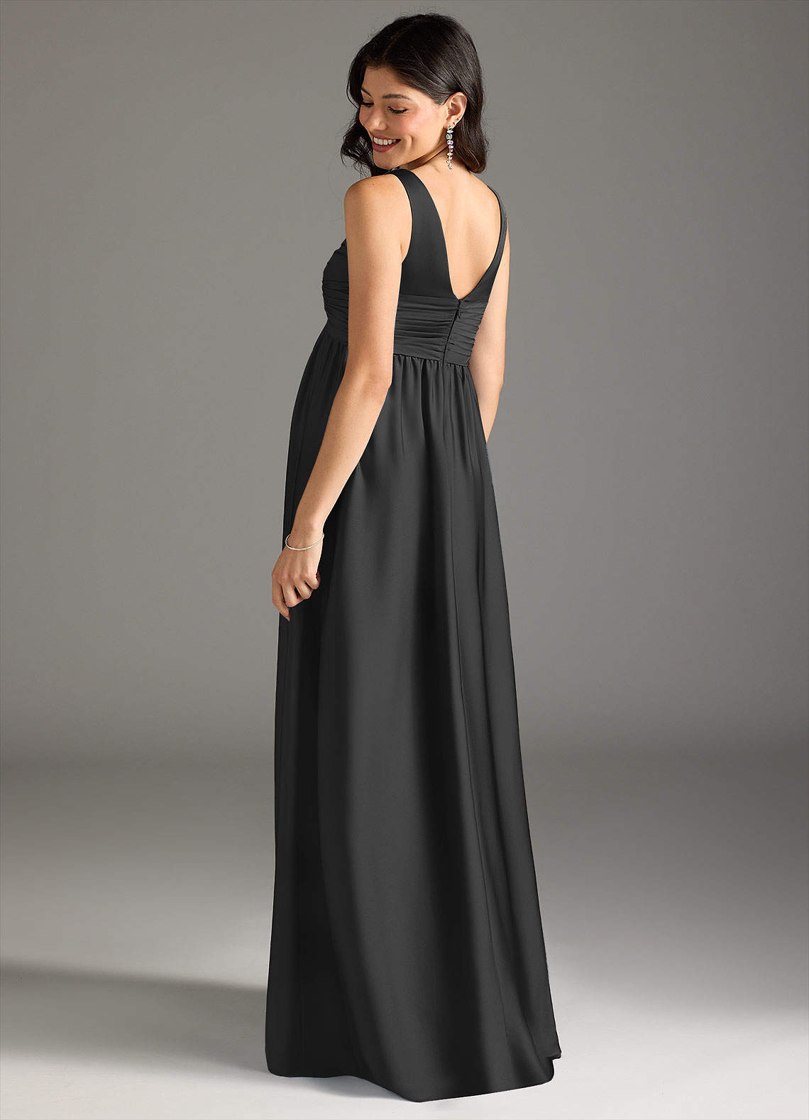 Azazie Yetta Maternity Bridesmaid Dresses A-Line Pleated Stretch Satin Floor-Length Dress image2