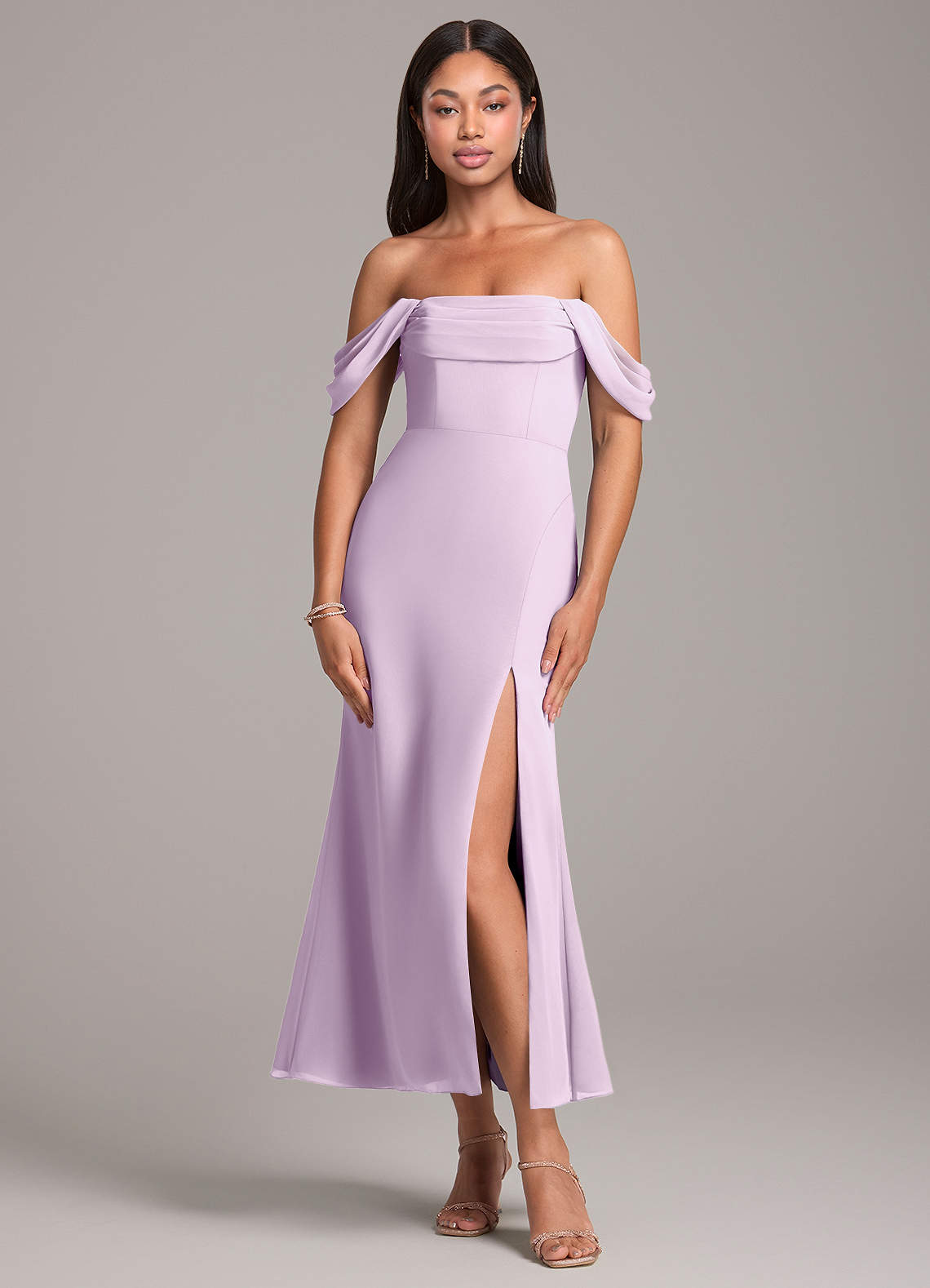 Azazie Saige Bridesmaid Dresses Frosted Lilac Sheath Off the Shoulder Chiffon Convertible Dress image1