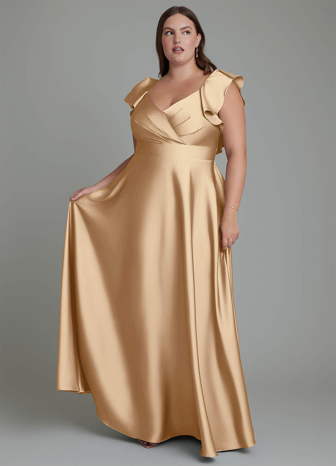 Azazie Leilani Bridesmaid Dresses Champagne A-Line Ruched Stretch Satin Dress image1