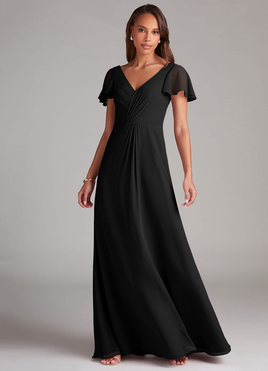 Azazie Soren At-home Try On Dresses Black A-Line Ruched Chiffon Dress image2