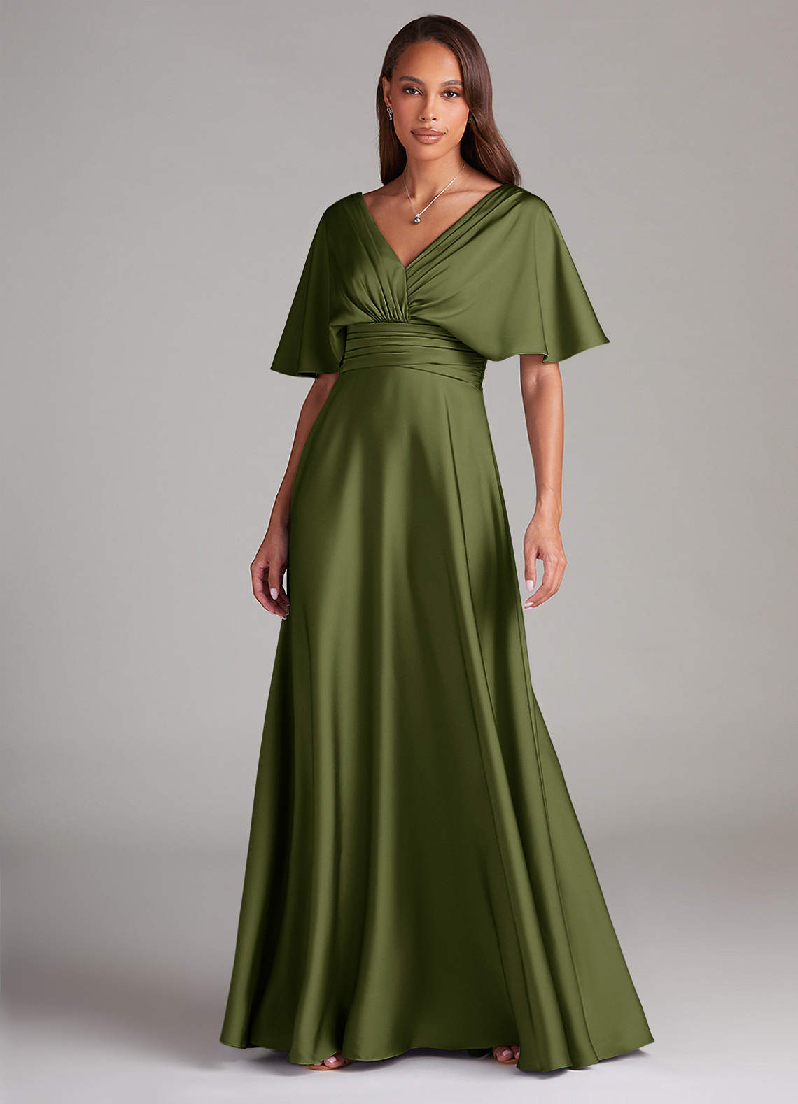 Azazie Pamela Bridesmaid Dresses Olive A-Line Pleated Stretch Satin Dress image1