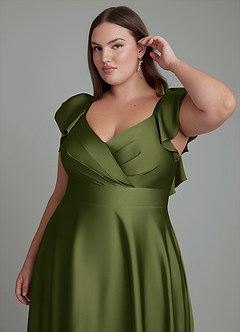 Azazie Leilani Bridesmaid Dresses Olive A-Line Ruched Stretch Satin Dress image3