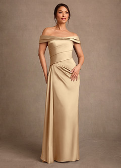 Azazie Beah Mother of the Bride Dresses Champagne Sheath Off the Shoulder Stretch Satin Dress image1