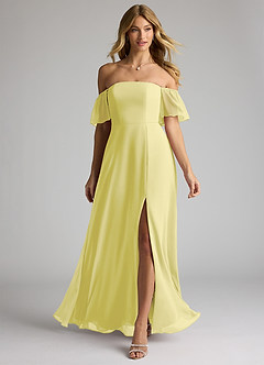 Azazie Sue Robes de demoiselle d'honneur Robe Trapèze Convertible en Mousseline de soie Épaule décolletée Sorbet Citron image1