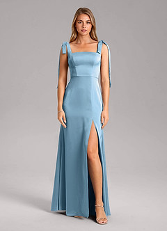 Azazie Frostine Bridesmaid Dresses Steel Blue A-Line Bow Stretch Satin Dress image5