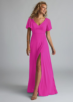 Azazie Induh Bridesmaid Dresses Fuchsia A-Line Flutter V-neck Mesh Dress image1