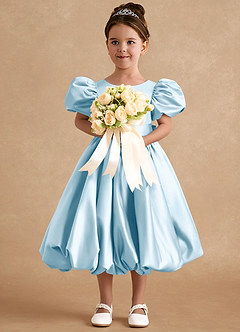 Azazie Jellybean Flower Girl Dresses Sky Blue Ball-Gown Ruched Matte Satin Dress image3