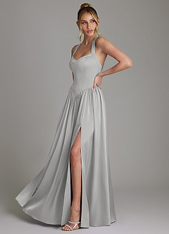 Azazie Francis 신부 들러리 드레스 A라인 코르셋 스트레치 새틴 바닥 길이 드레스 image5