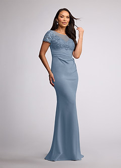 Azazie Susan At-home Try On Dresses Dusty Blue Sheath Lace Stretch Crepe Dress image2