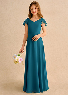 Azazie Nari Girls Formal Abiti da Ragazza di Fiori Abito A-Line in Chiffon Con Maniche Blu Inchiostro image4