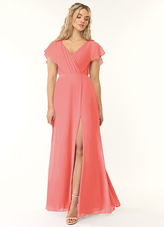 Azazie Rylee Bridesmaid Dresses Coral A-Line Pleated Chiffon Dress image1