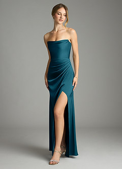 Azazie Leonis Bridesmaid Dresses Ink Blue Mermaid Pleated Stretch Satin Convertible Dress image1