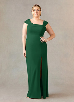 Azazie Ellen At-home Try On Dresses Dark Green Sheath Side Slit Stretch Crepe Dress image7
