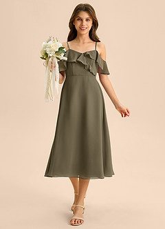 Azazie Kamilla Junior Vestido Salgueiro Verde de Chiffon de Linha A com Fora do ombro image4