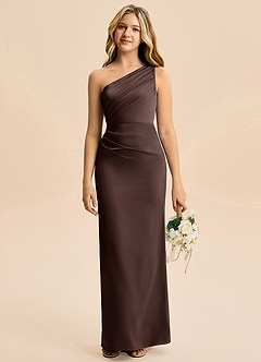 Azazie Akilah Junior Ganache Sheath Pleated Stretch Satin Dress image1