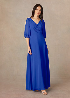 Azazie Bronwyn vestidos de madre de la novia Vestido de Azul Real de Gasa de Corte En A con Cuello de pico fruncido image2