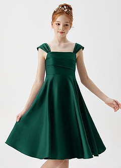 Azazie Amira Junior Emerald A-Line Pleated Stretch Satin Dress image3