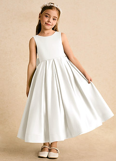 Azazie Cailee Flower Girl Dresses Ivory Ball-Gown Pleated Matte Satin Dress image2