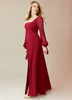 Azazie Leonia Bridesmaid Dresses Scarlet A-Line Long Sleeve Chiffon Dress image4