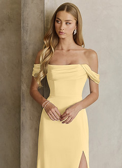 Azazie Saige Bridesmaid Dresses Butter Sheath Off the Shoulder Stretch Satin Dress image2