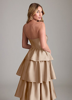 Azazie Faye Bridesmaid Dresses Taupe A-Line Ruched Stretch Satin Dress image6