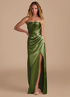 Azazie Leonis Bridesmaid Dresses Olive Mermaid Pleated Metallic Satin Convertible Dress image1
