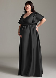 Azazie Verna At-home Try On Dresses A-Line Ruched Stretch Satin Floor-Length Dress image14