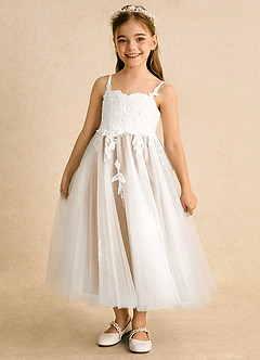 Azazie Coraline Jurken voor bloemenmeisjes A-Lijn Jurk van Kant Ivoor Wit Albast image1