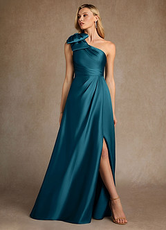 Azazie Easton vestidos de madre de la novia Vestido de Azul Tinta de Satén Elástico de Corte en A con Hombro unilateral image4