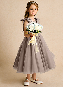 Azazie Serene Abiti da Ragazza di Fiori Abito Principessa in Raso Opaco Fiocco Taupe image5