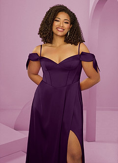 Barbie ♥ Azazie Bridesmaid Dresses Grape A-Line Off the Shoulder Stretch Satin Dress image13