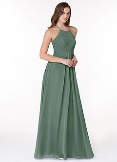 Azazie Ginger Vestidos de damas de honor Vestido de Eucalipto de Gasa de Corte en A con Halter Plisado image1