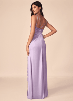 Azazie Aqua Bridesmaid Dresses Frosted Lilac A-Line V-Neck Pleated Stretch Satin Dress image4